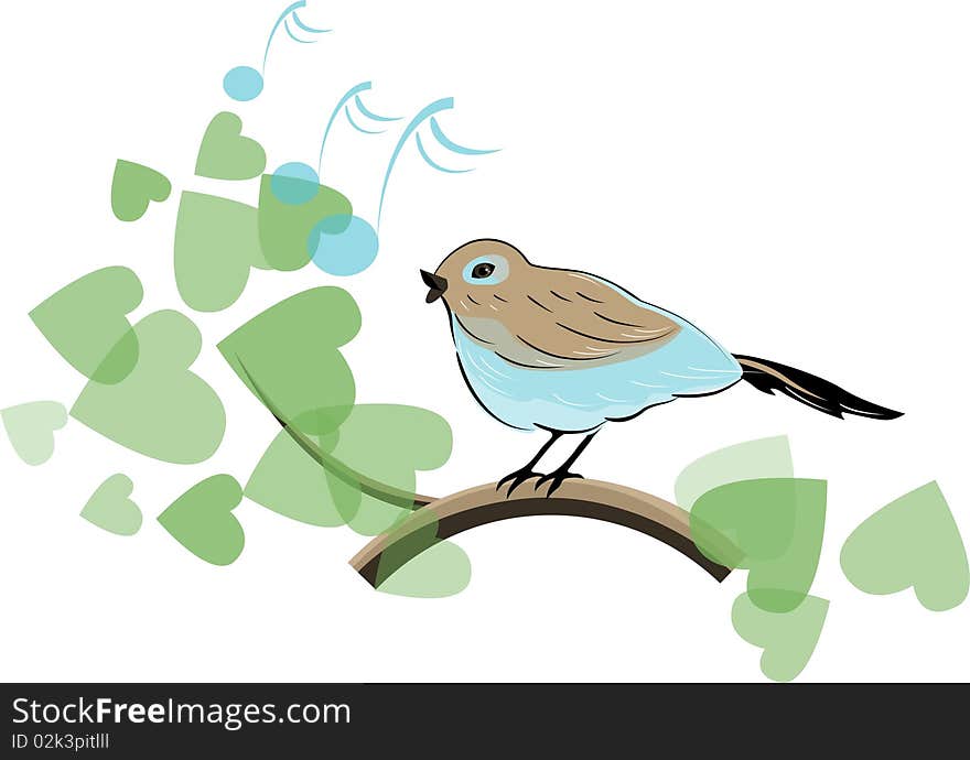 Vector birdsong on tree with notes