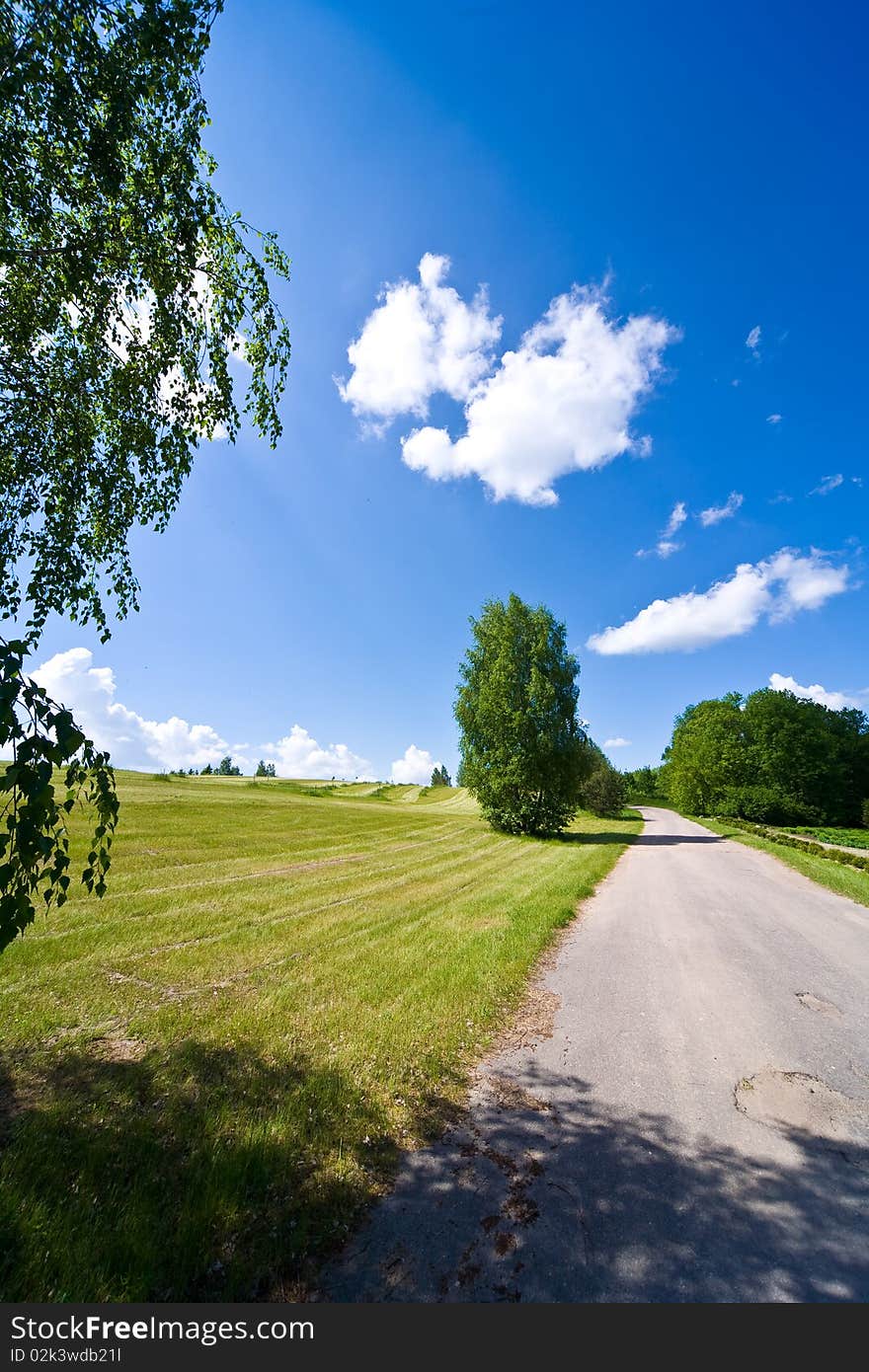 Blue sky with clouds and the green field