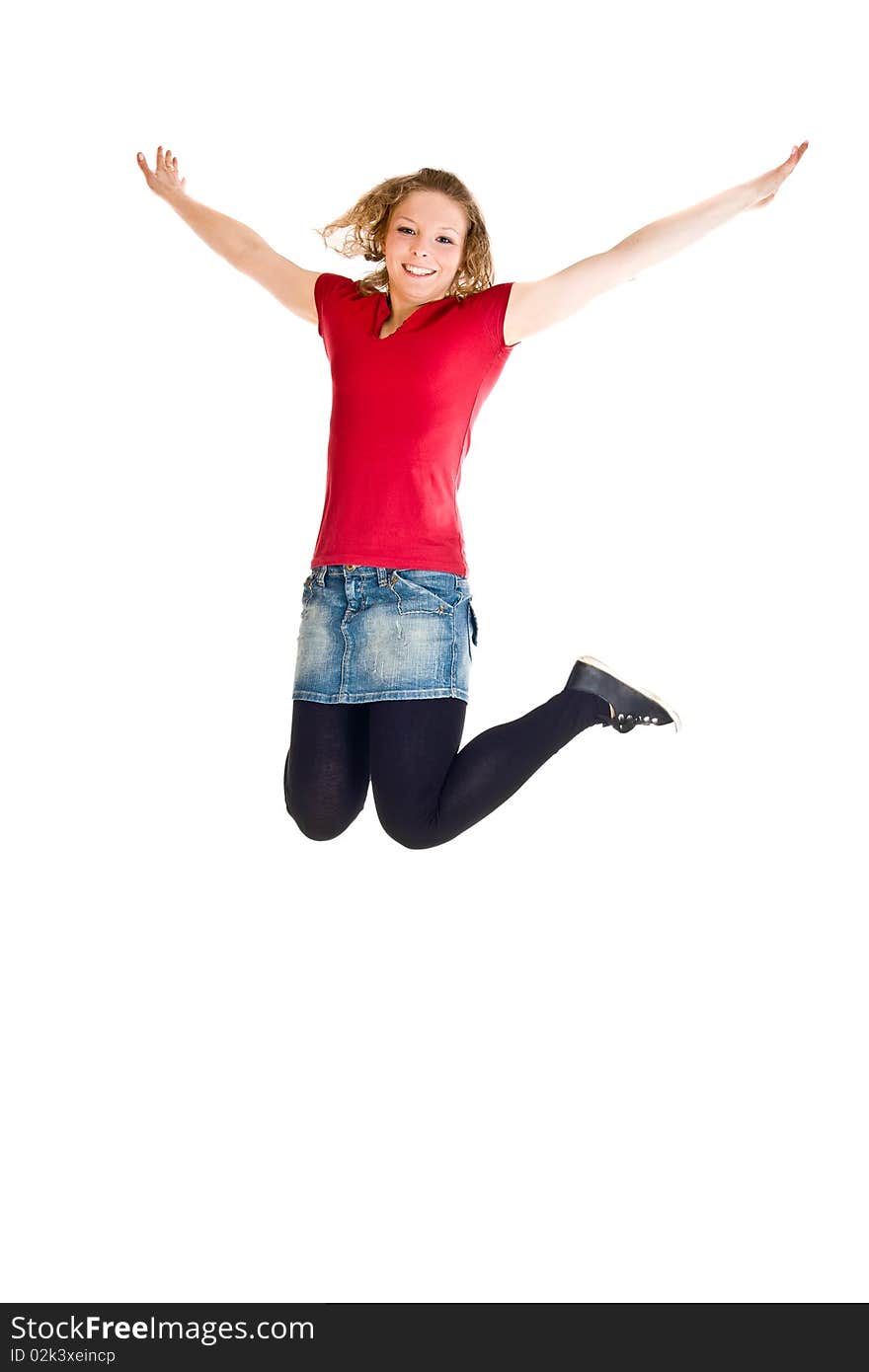 Girl jumping on white isolated background