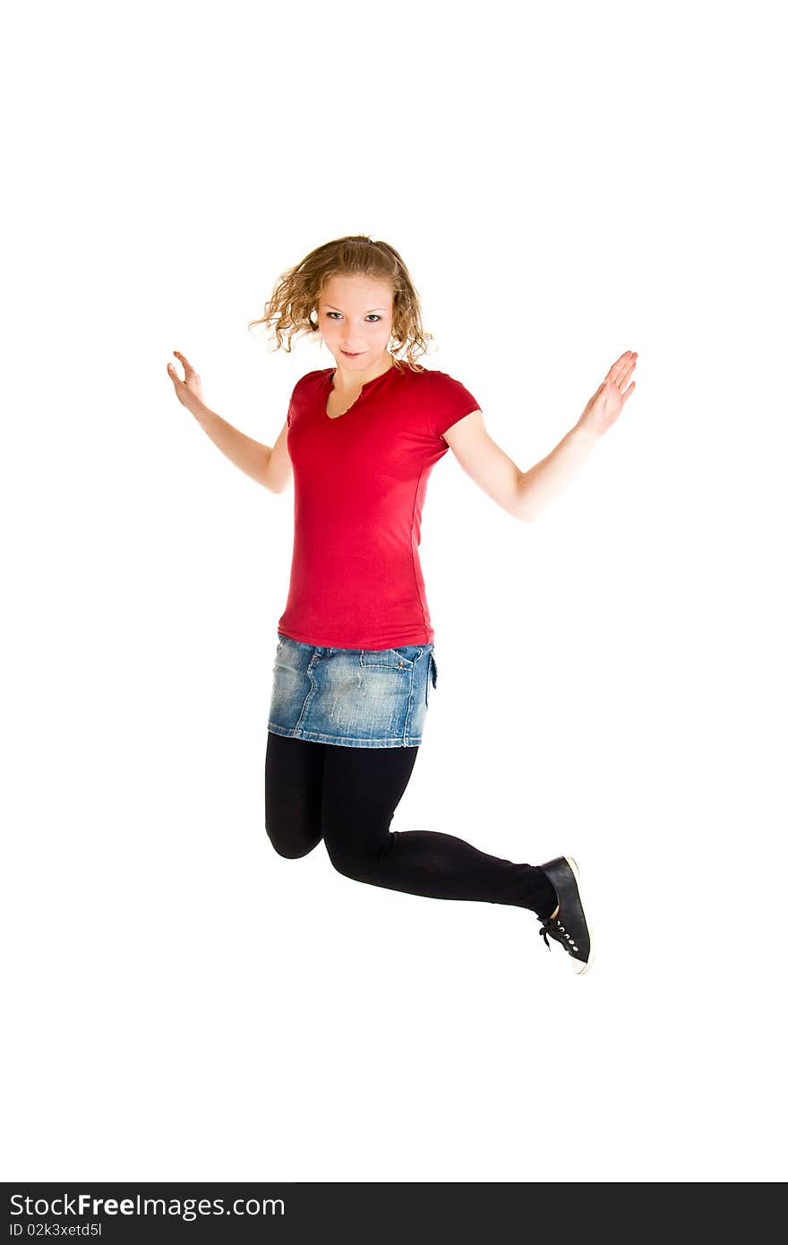 Girl jumping on white isolated background