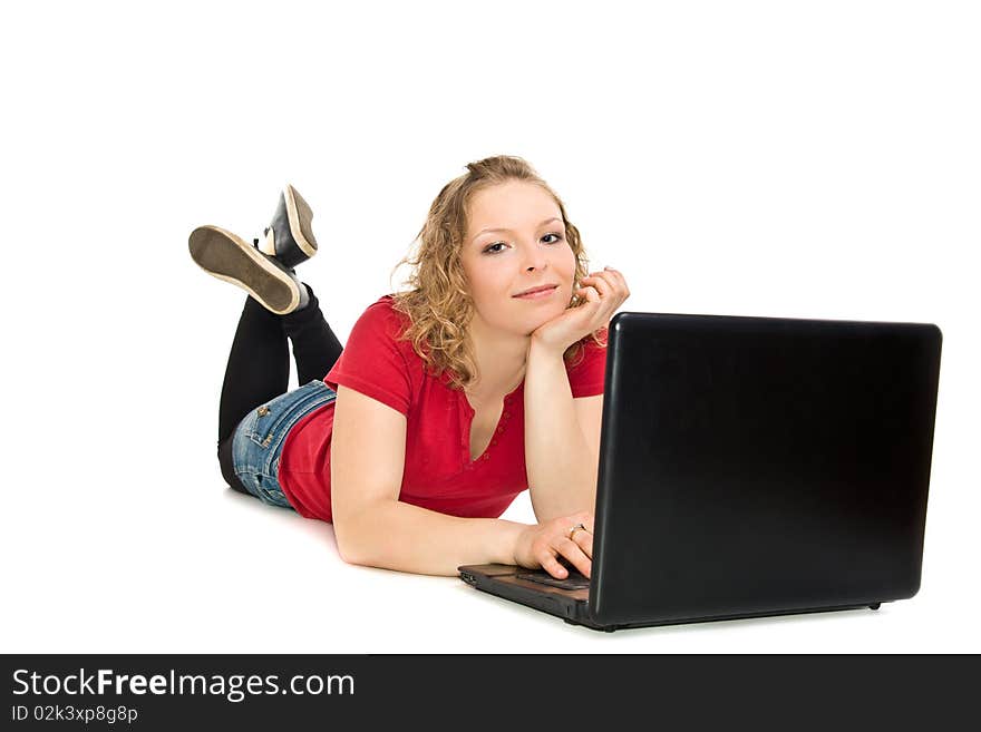 Isolated girl with notebook lay on the floor