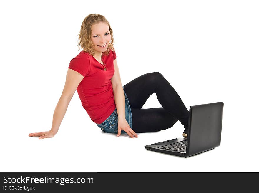 Isolated girl with notebook lay on the floor