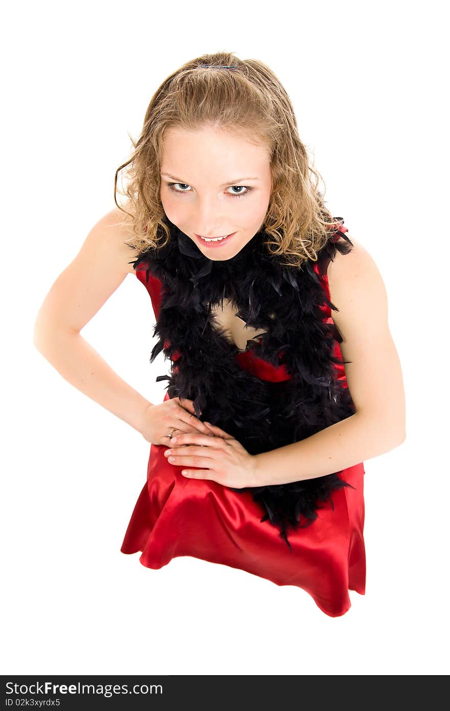 Young caucasian girl in dress on isolated background