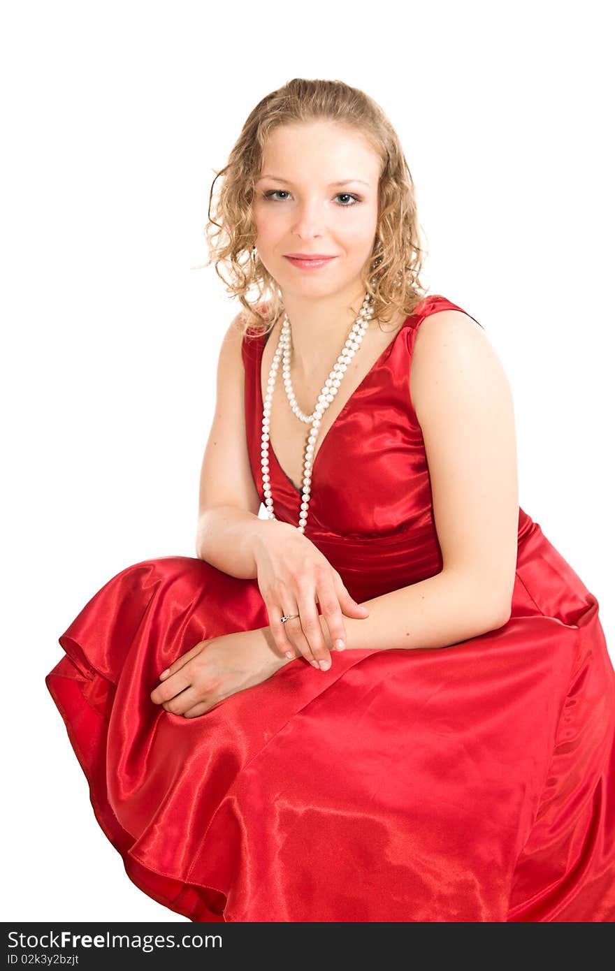 Young caucasian girl in dress on isolated background