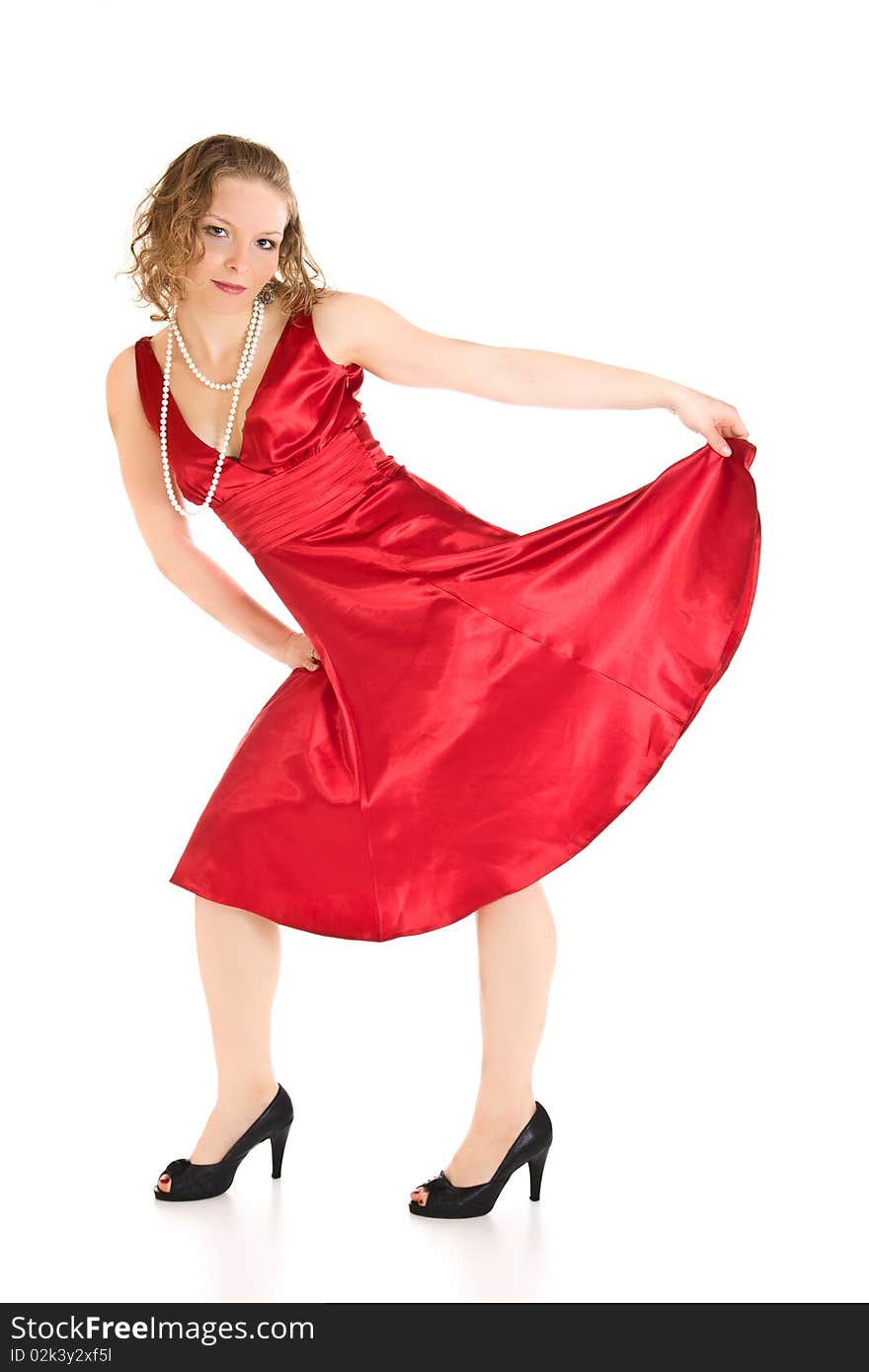 Young caucasian girl in dress on isolated background