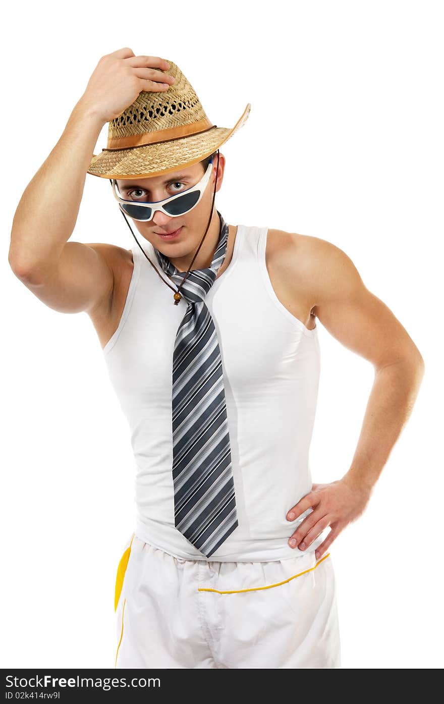 Young man wearing a hat with tie in sunglasses isolated white background