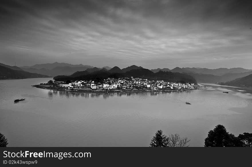 Peace lake scenery and a small village, China. Peace lake scenery and a small village, China