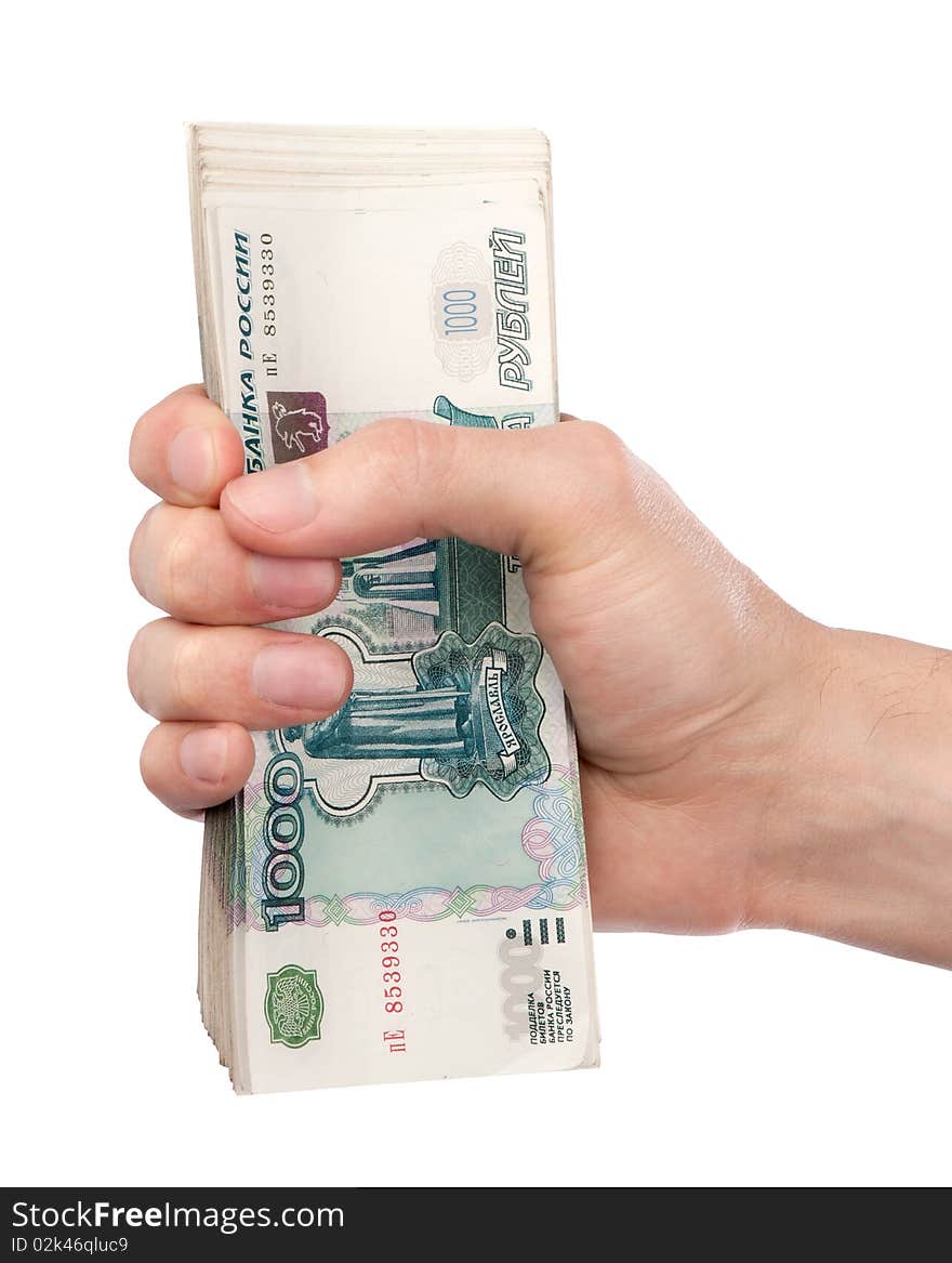 Hand with money on a white background