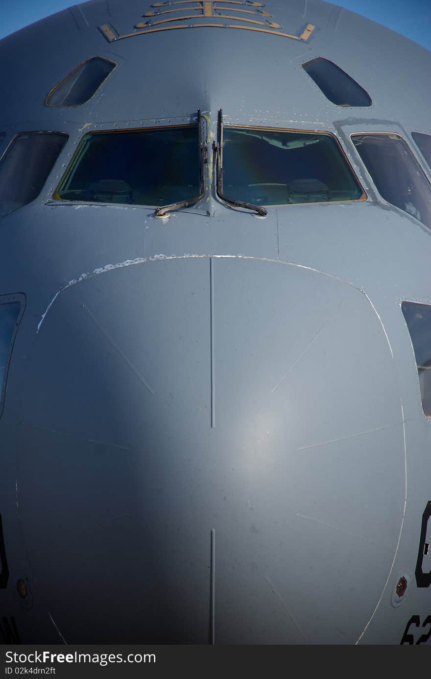 A close-up showing the nose of an Air Force cargo jet. A close-up showing the nose of an Air Force cargo jet