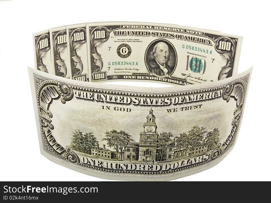 Five banknotes of hundred dollars on white