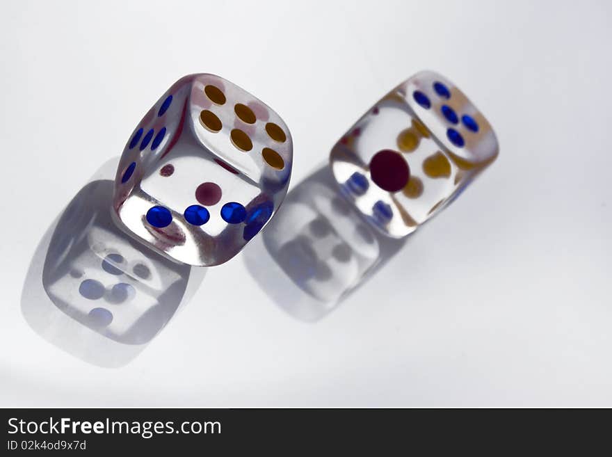 Cristal dice with shadow on white background