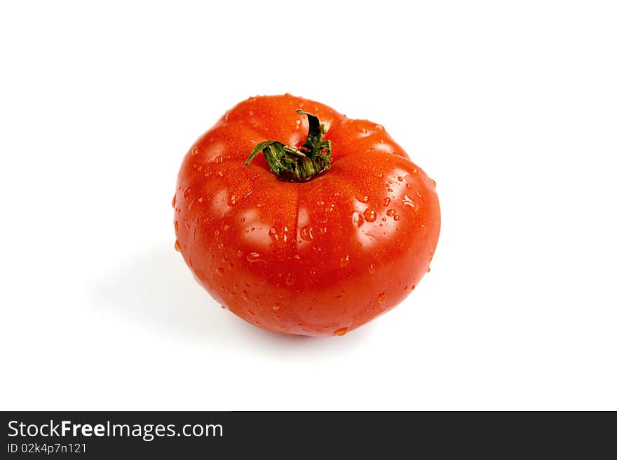 Fresh and wet tomato on white background