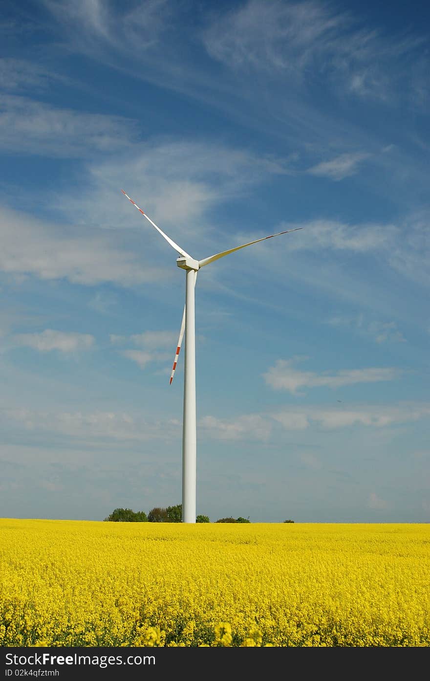 Wind turbine on yellow field of oilseed rape in the springtime. Wind turbine on yellow field of oilseed rape in the springtime