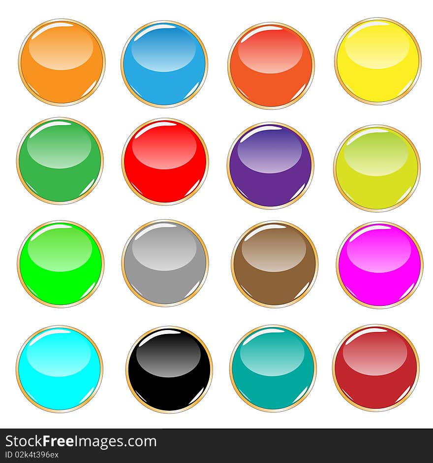 A collection of glossy circular figured and golden edged buttons. A collection of glossy circular figured and golden edged buttons