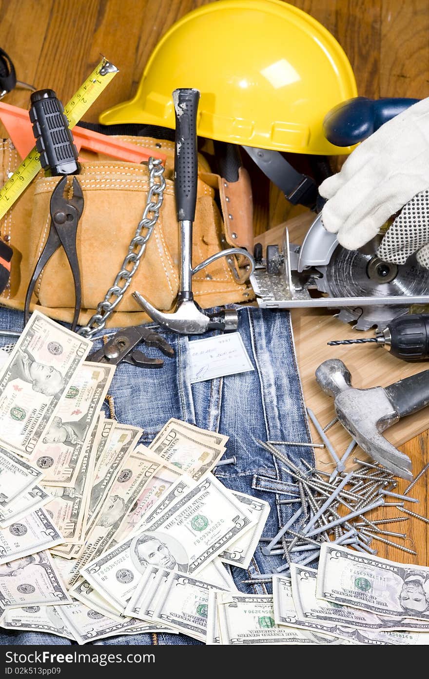 Construction tool with dollars. Hammer drill saw and all instrument