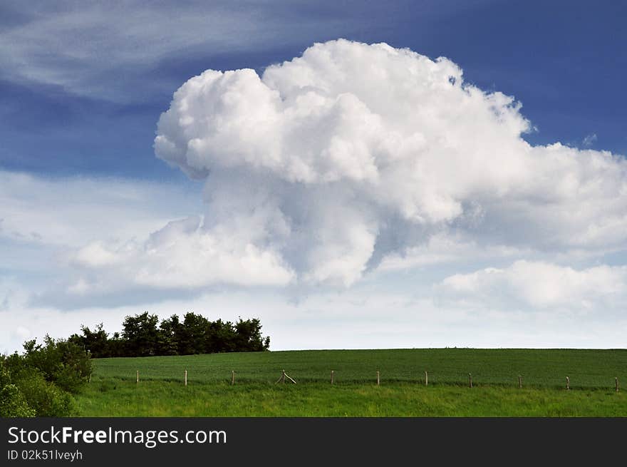 Green meadow with huge clouds