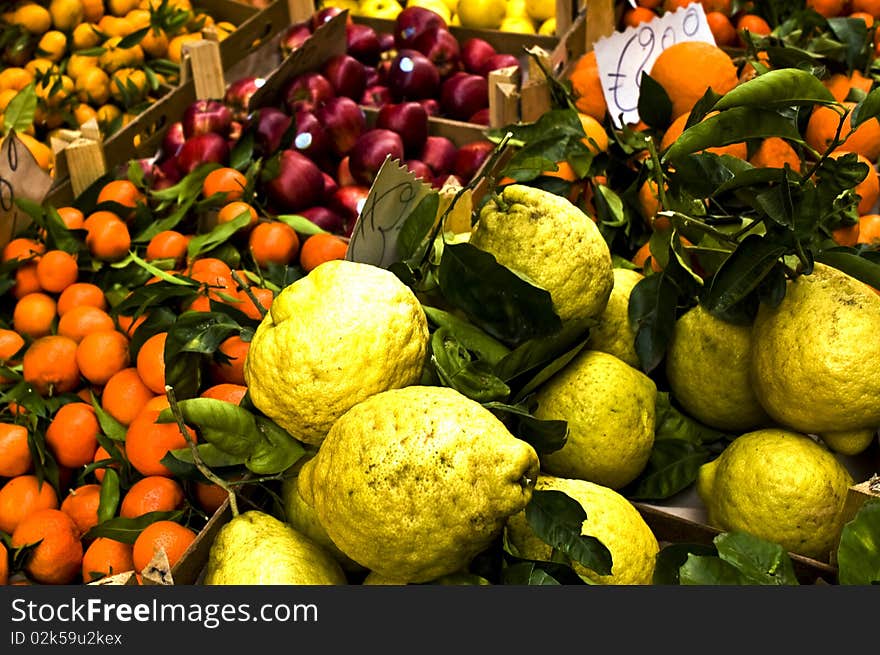 Various fruits exposed in a market. Various fruits exposed in a market