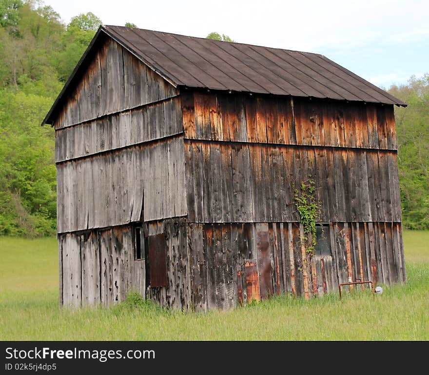 Weathered crooked barn