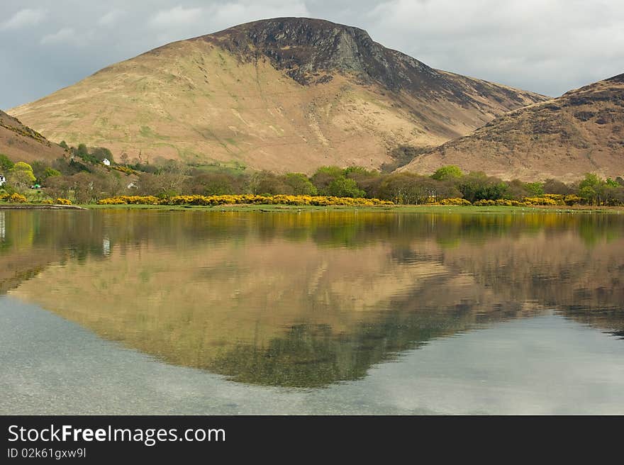 Lochranza loch with mountain reflections and copy space.