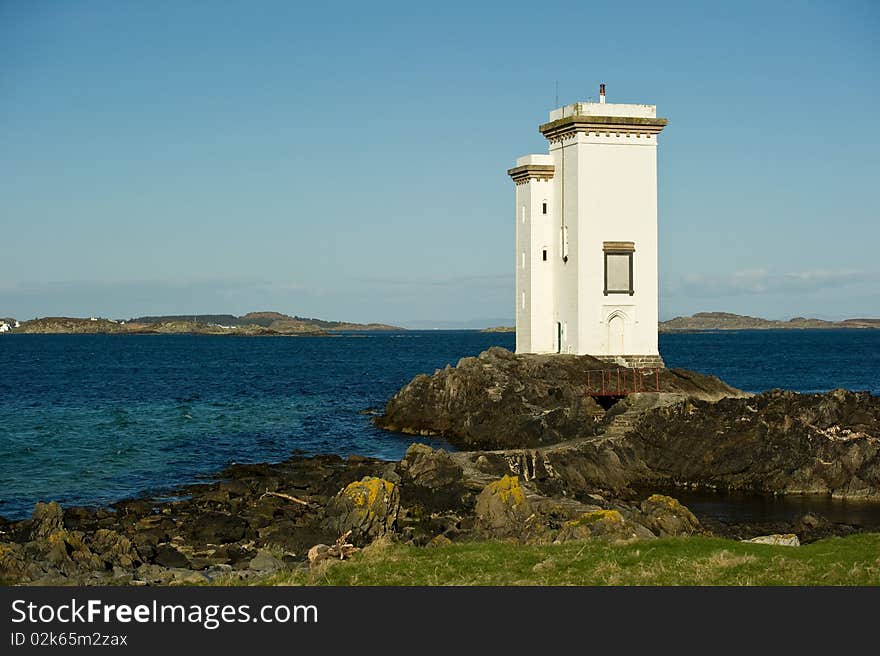 Square lighthouse with copy space and bridge,