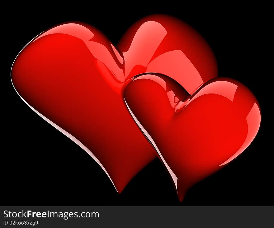 Two glossy red hearts isolated on black