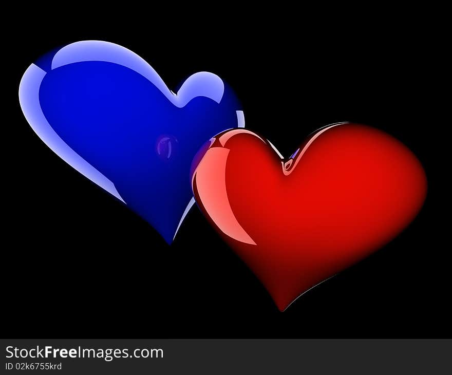 Two glossy hearts isolated on black