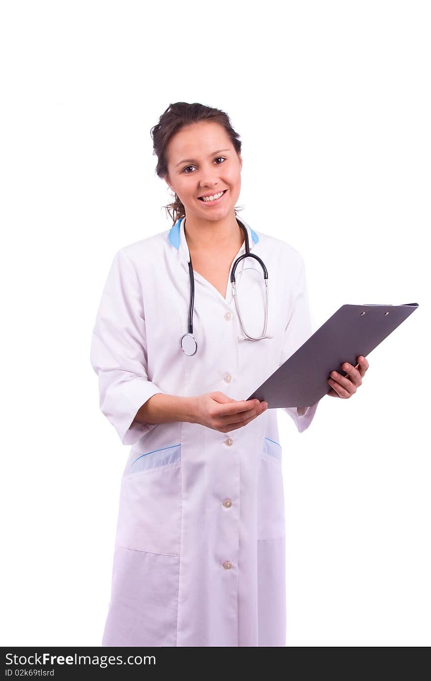 Happy young doctor, nurse or medical student. Smiling female doctor holding some folders. Isolated on white.