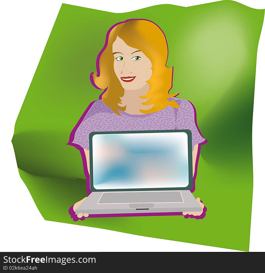 Girl with pc above green background