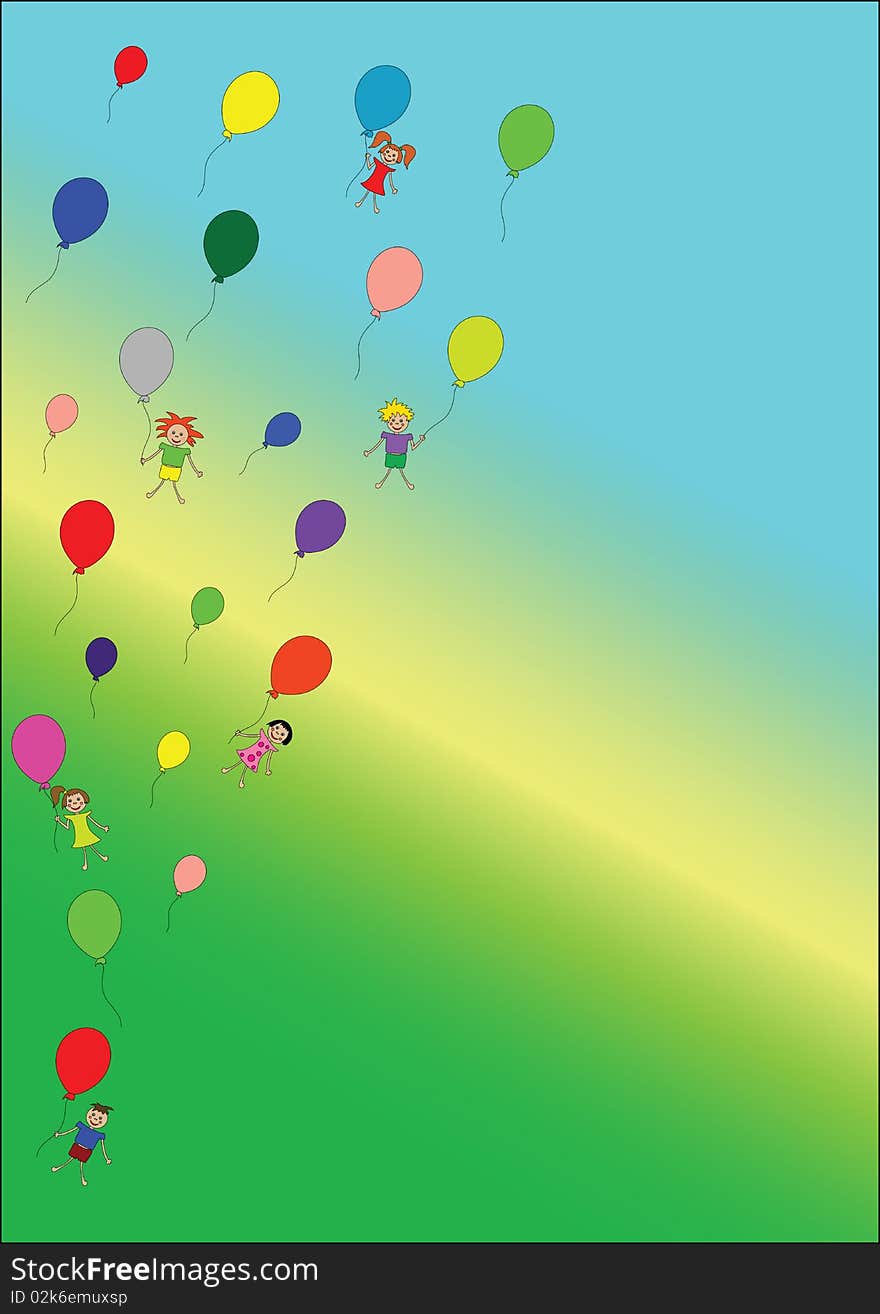 The vector illustration with children on the ballon. The vector illustration with children on the ballon