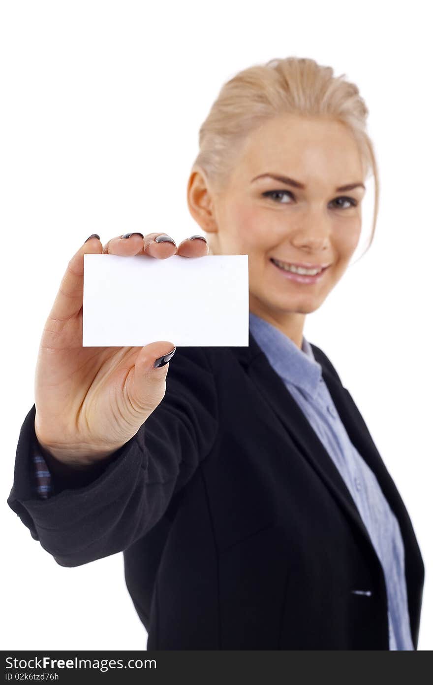 Attractive Businesswoman Closeup - presenting her business card. Attractive Businesswoman Closeup - presenting her business card