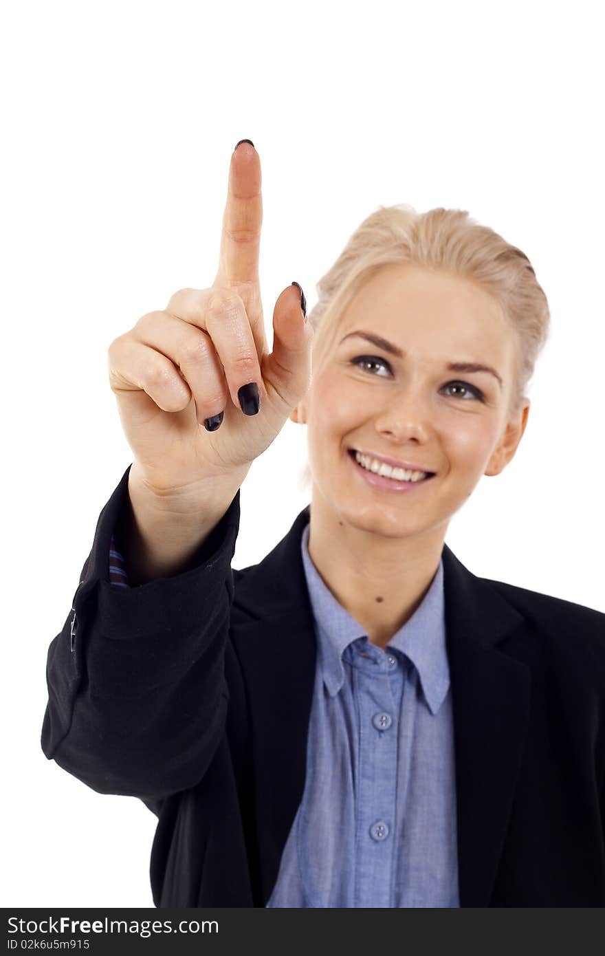 Businesswoman touching virtual pad transparent key with finger over white