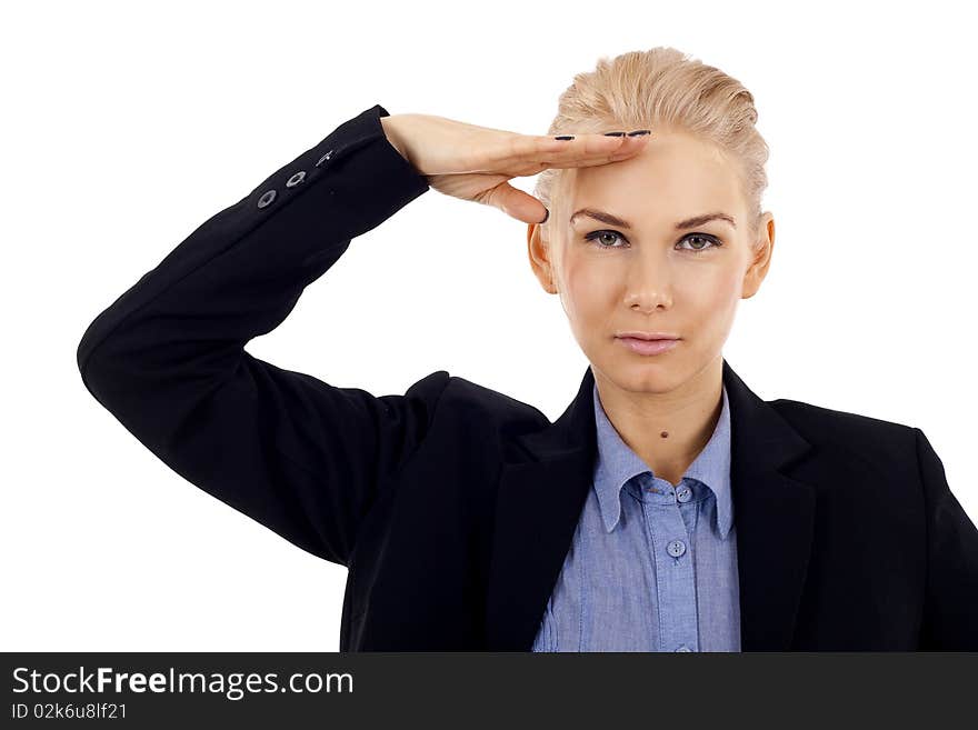 Attractive business woman saluting over white background