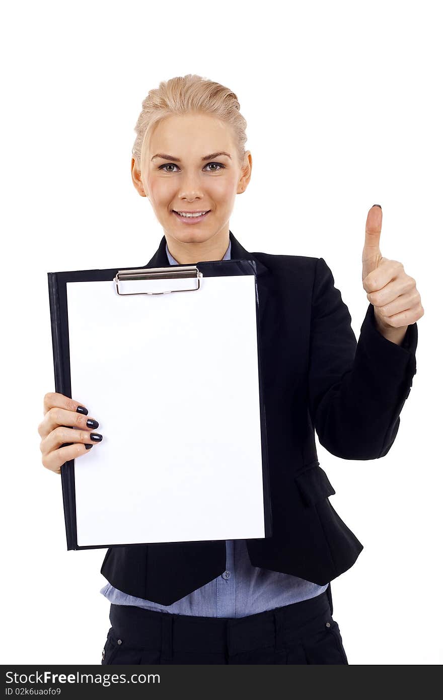 Picture of a businesswoman holding a clipboard and making ok gesture. Picture of a businesswoman holding a clipboard and making ok gesture