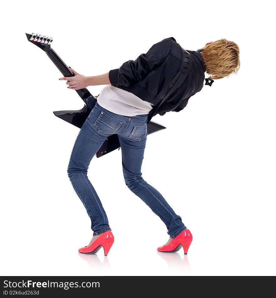 Back picture of a girl with a guitar on a white background