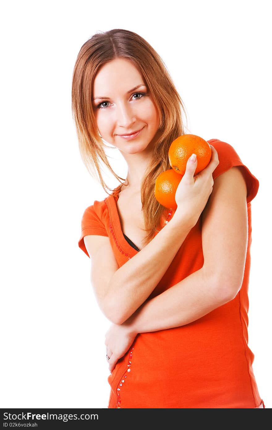 Young pretty girl in dress with oranges