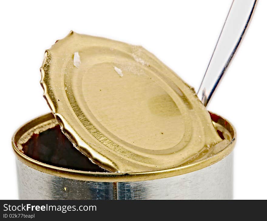 Empty tin can. Close up on white background