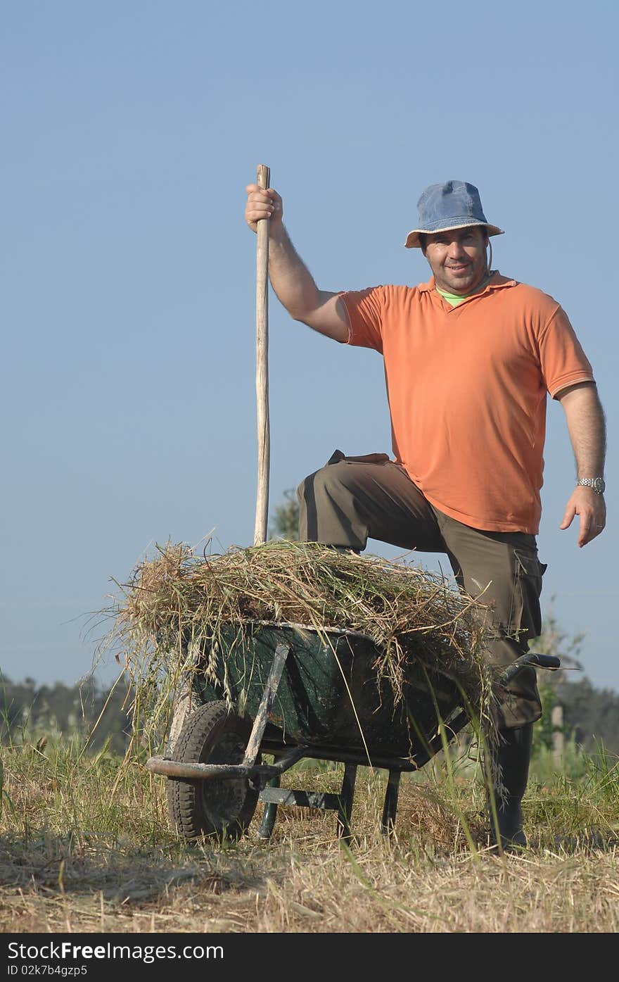 Farmer finish loading wheelbarrow with a haystack