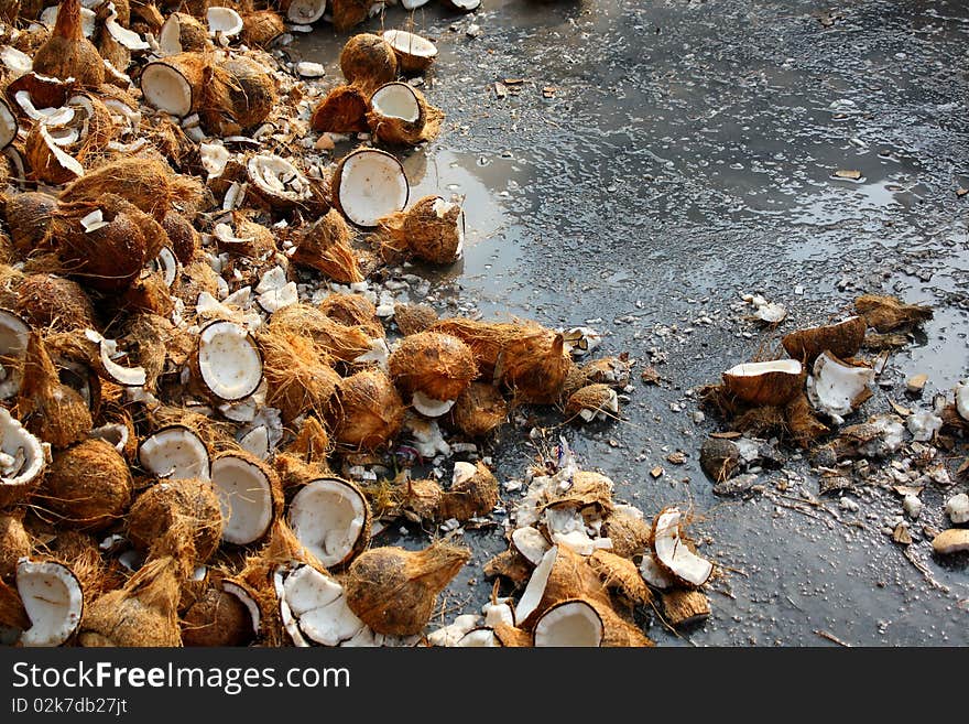 Coconuts smashed on floor during Thaipusam celebration. Coconuts smashed on floor during Thaipusam celebration