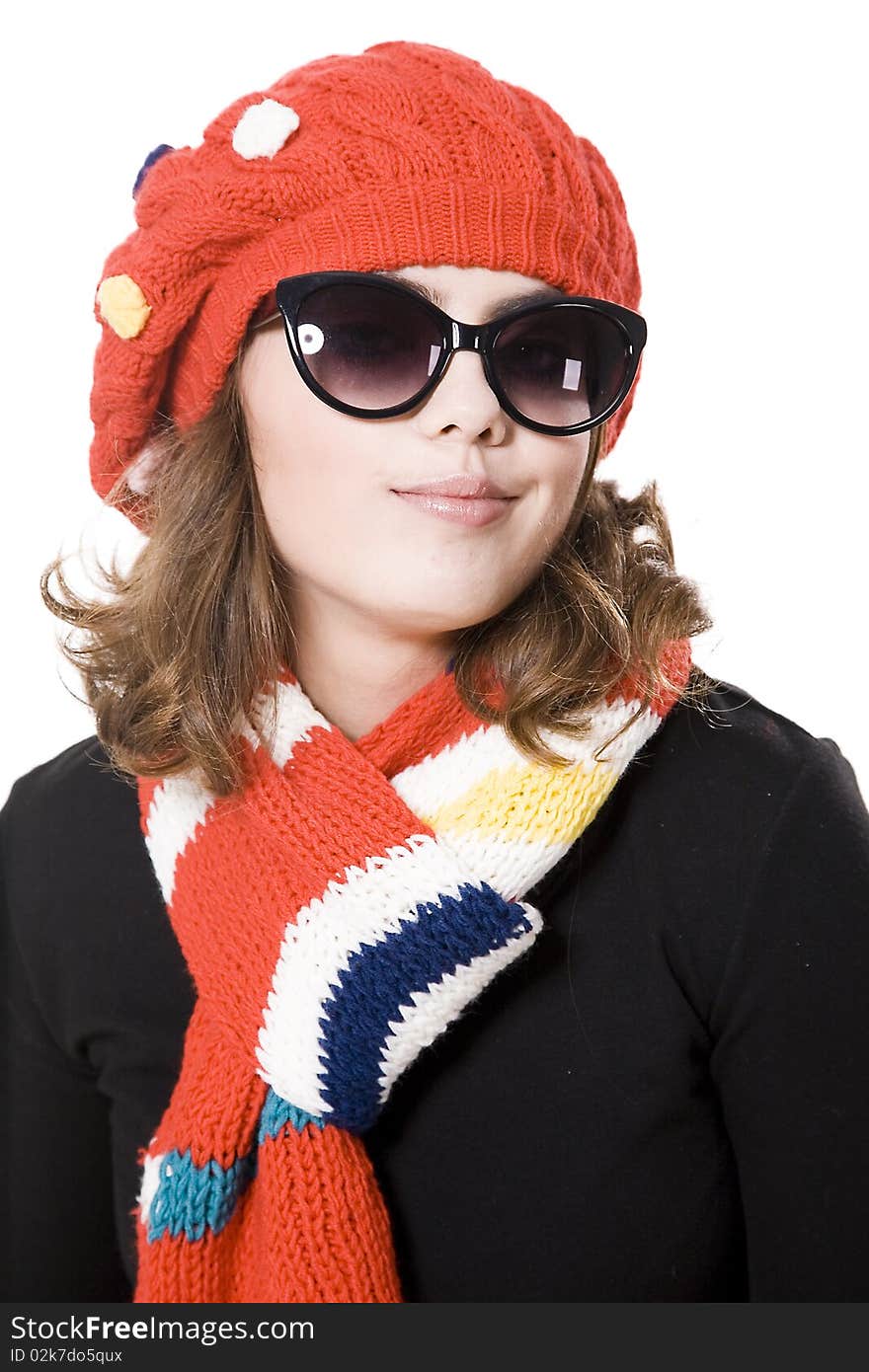 Young pretty warmly clothed woman in studio. Young pretty warmly clothed woman in studio