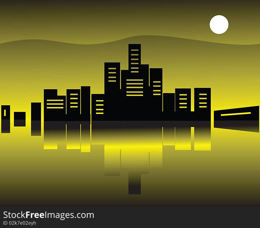 Black silhouette of a city over water