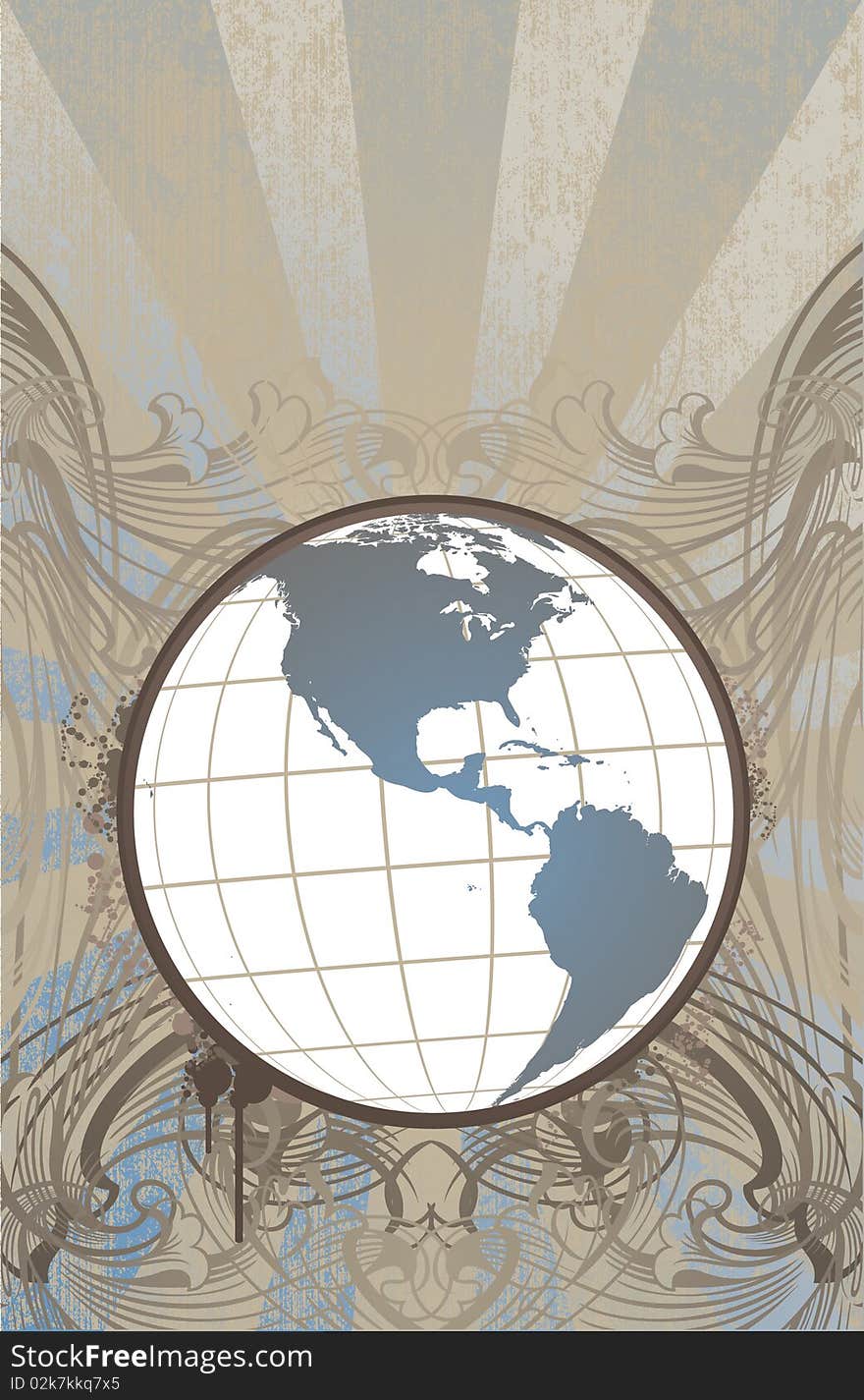 Globe on detailed floral and ray background. All elements on separate layer, easily edited. Globe on detailed floral and ray background. All elements on separate layer, easily edited.