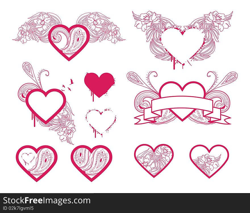 Selection of detailed heart designs. Separated elements. Selection of detailed heart designs. Separated elements.