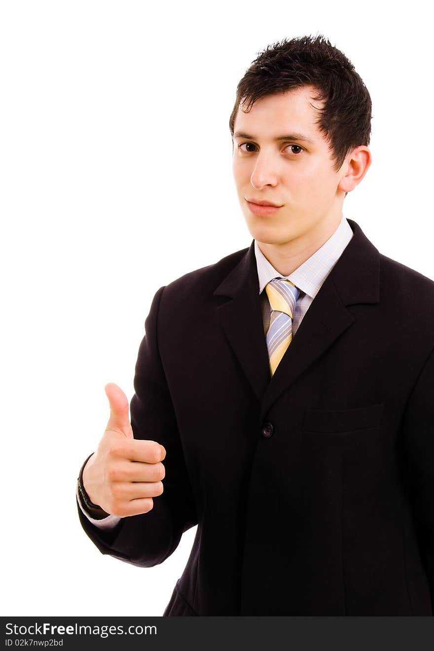 Young business man thumbs up, isolated on white background