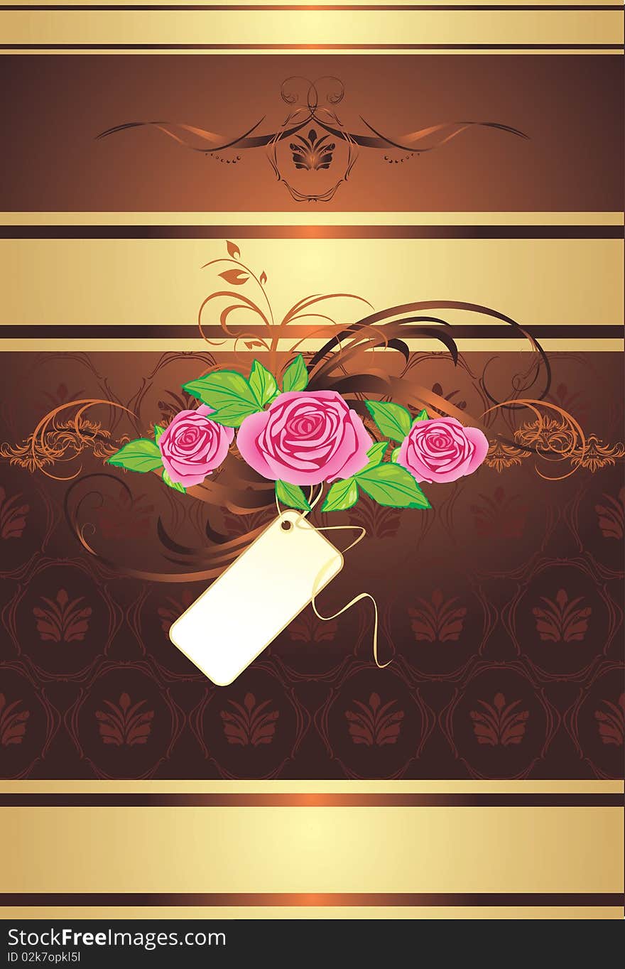 Bouquet of pink roses with ornament on the decorative background. Illustration