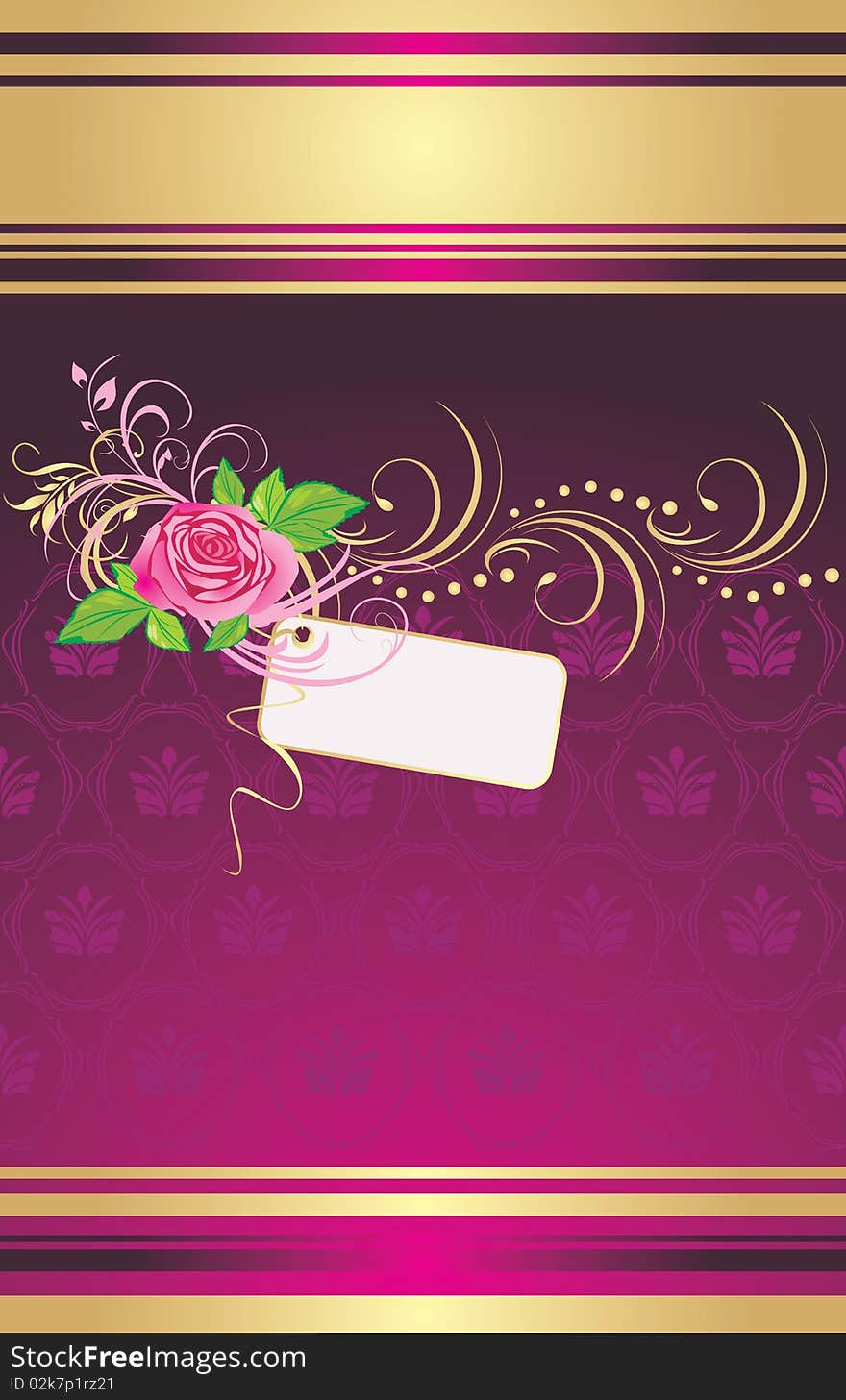 Pink rose with card and ornament on the decorative background. Illustration. Pink rose with card and ornament on the decorative background. Illustration