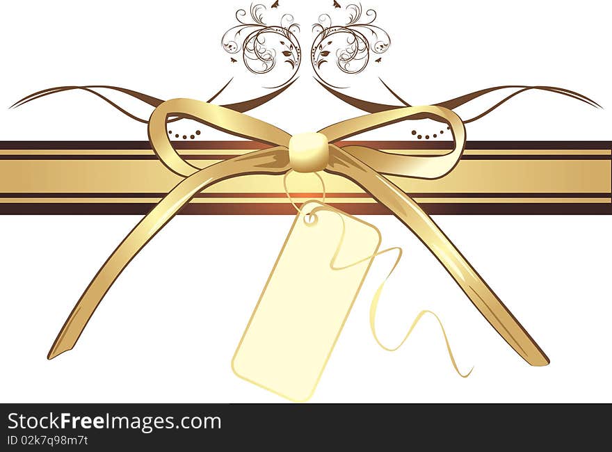 Golden bow with card on the decorative ribbon. Illustration