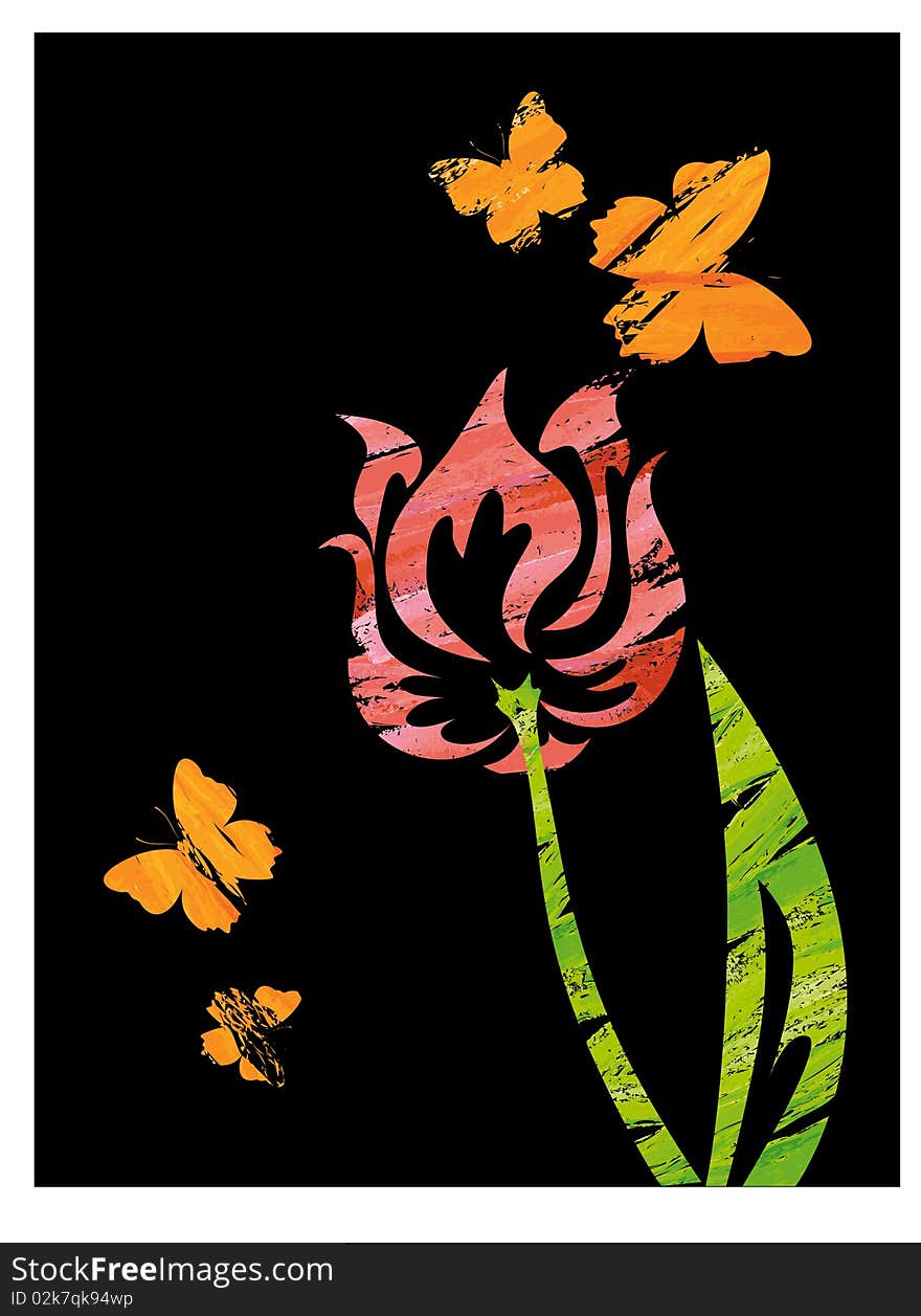 Background with tulip and butterflies on black. Background with tulip and butterflies on black