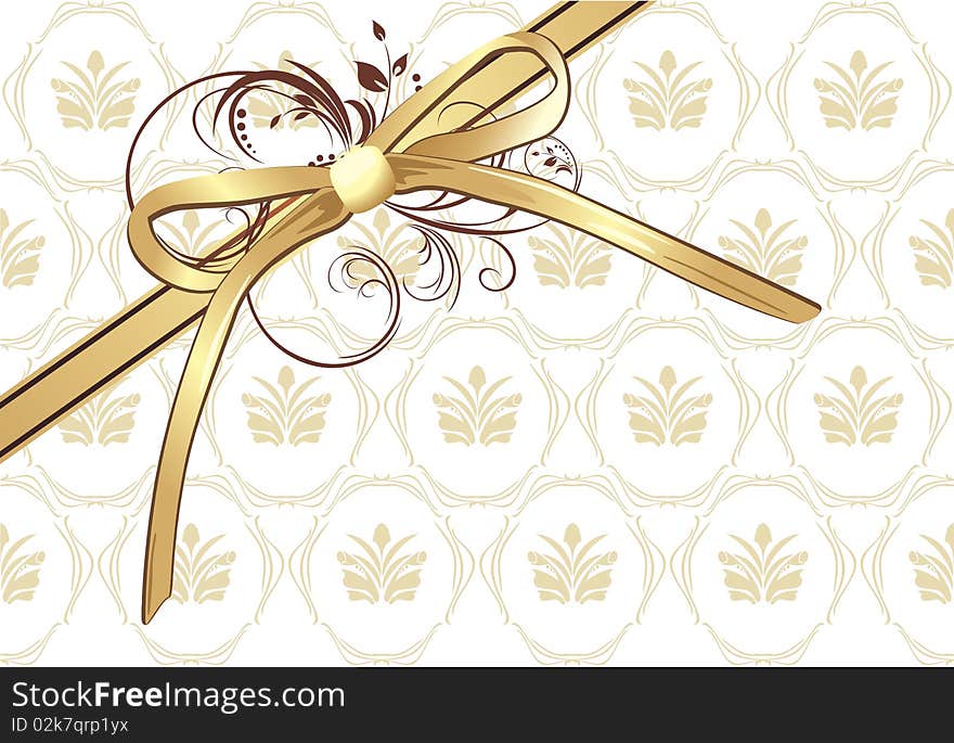 Golden bow with ornament on the decorative background. Illustration