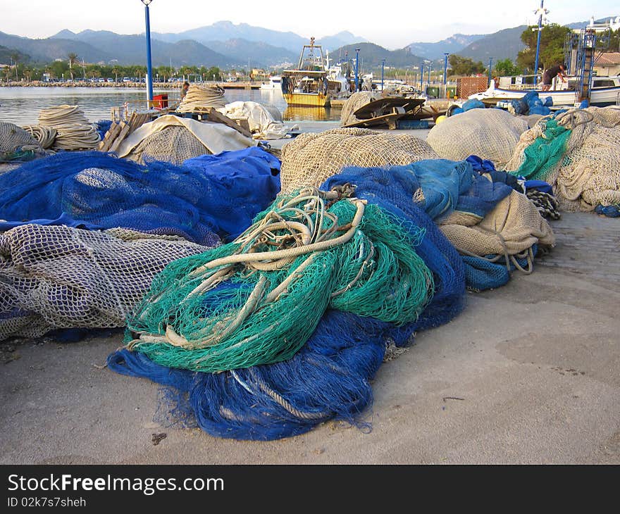 Fishing nets with a port background