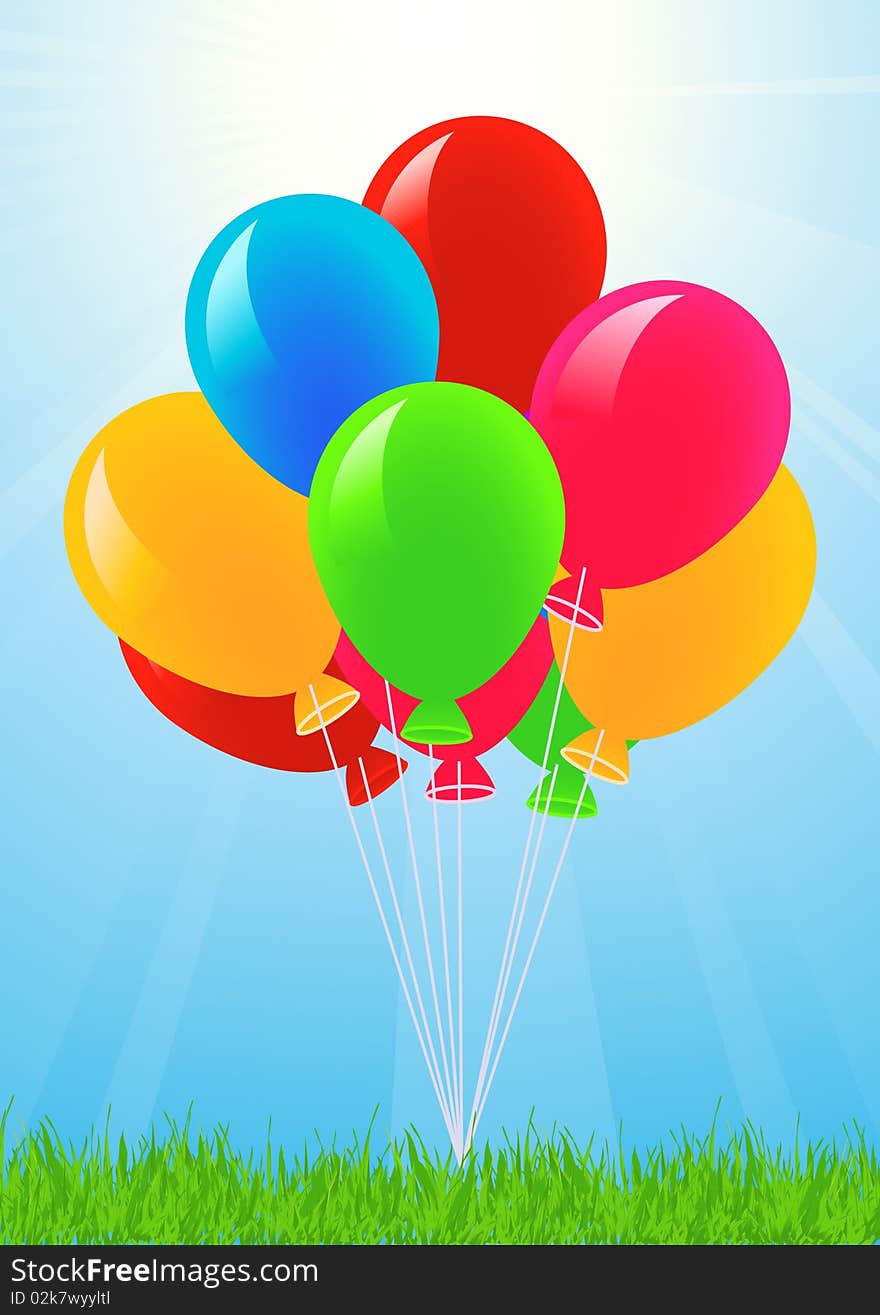 Colored balloons in the sky, illustration, AI file included